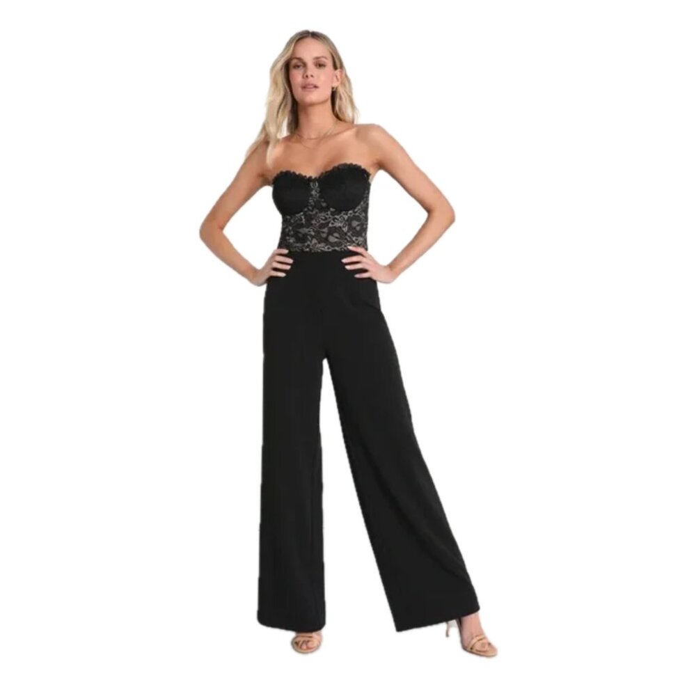 NWT Lulus | Sultry Prose Black Lace Strapless Bustier Wide-Leg Jumpsuit | Small